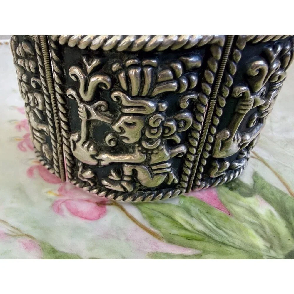 Vintage 60's Mexico 925 Sterling Wide Link Bracelet Aztec Warrior Repousse 68.6g